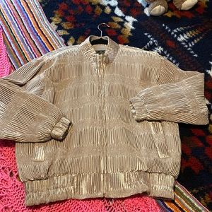 Gold Plisse Zip Up Bomber Jacket